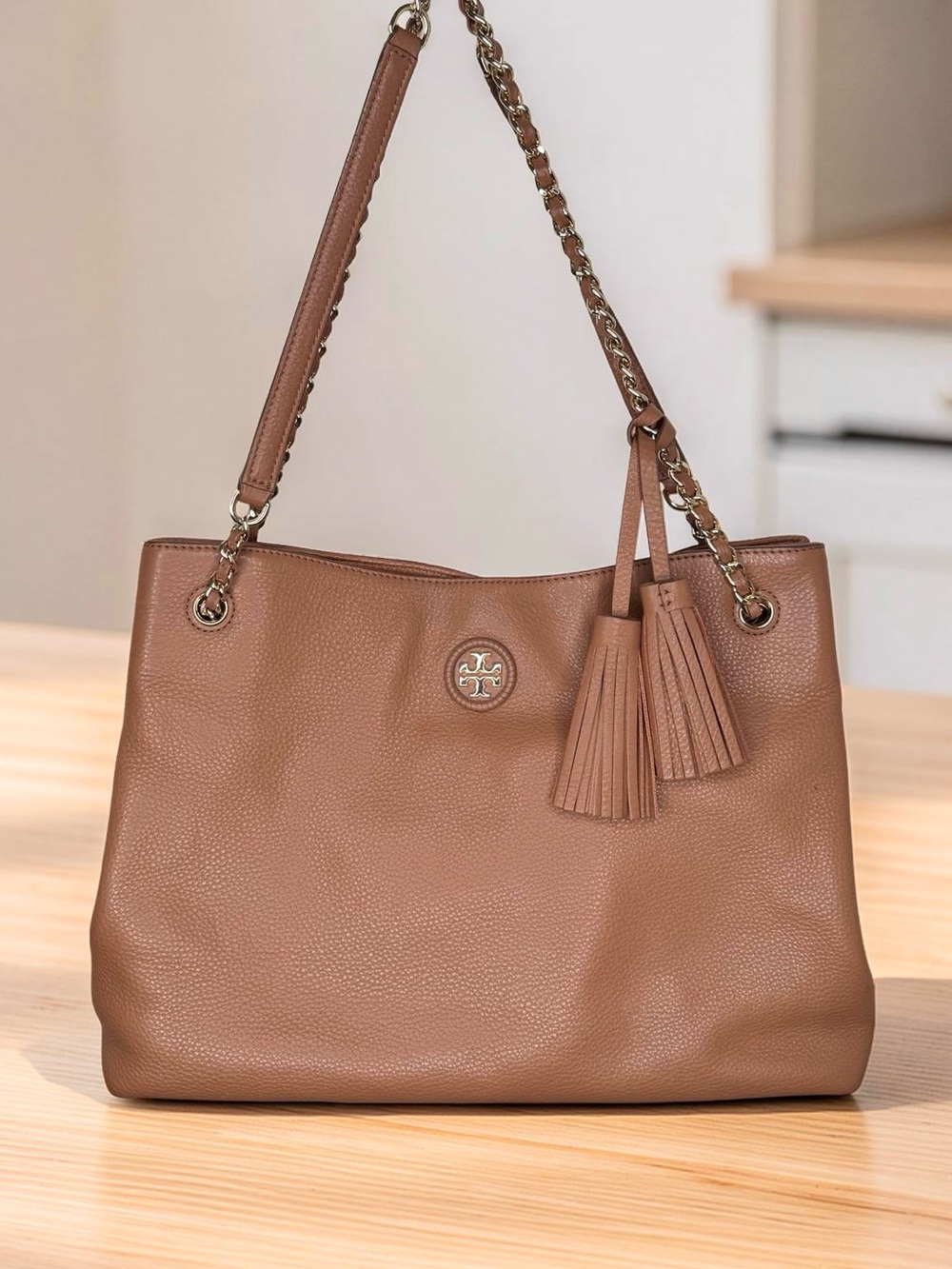Tory Burch Cognac Pebbled Leather Shoulder Tote w/Tassels & Gold TORI LOGO
